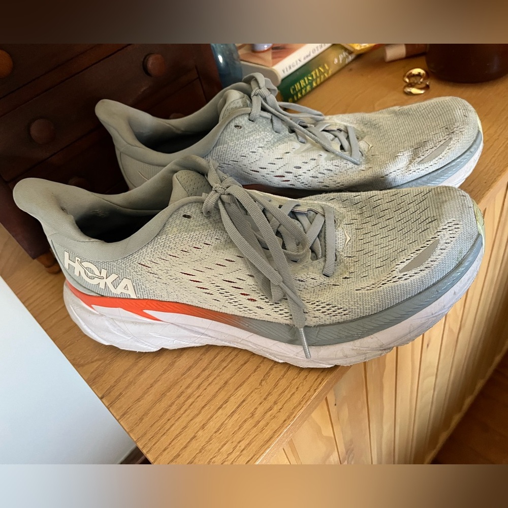 Hoka W Clifton 8’s Blue, White, and Orange